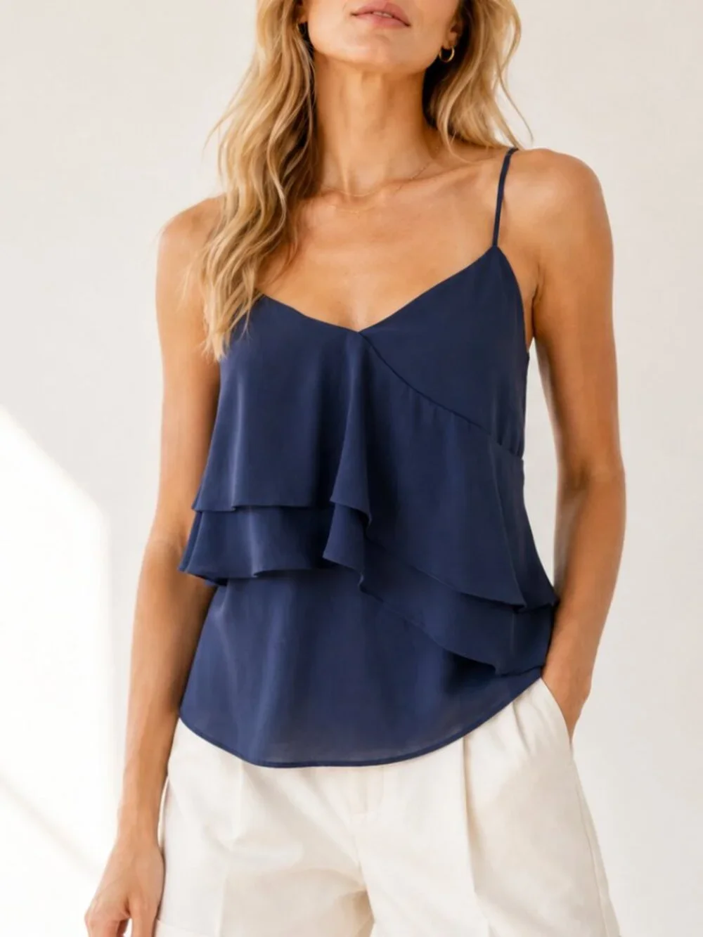 J. Crew Dark Blue Ruffle Tiered Camisole Tank Top Minimalist Summer Vacation 2